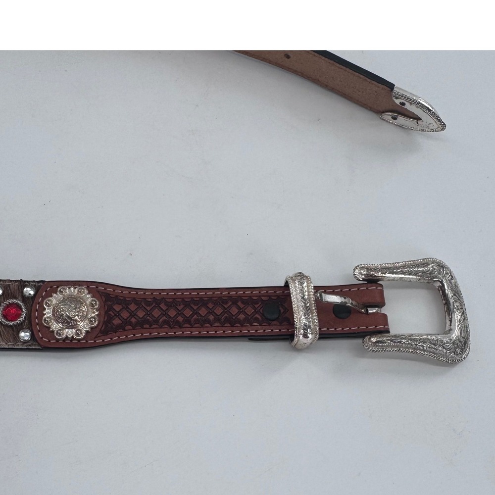 Western Rhinestone Belt Brown Leather Red Crystal Embellished Rodeo Boho Sz 32 - Picture 3 of 12